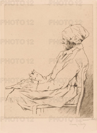 Old woman with a cat on her lap, print, annotation: 'dernier etat', printmaker: Louise Danse (signed by artist), 1877 - 1909, paper, etching, drypoint, intaglio printmaking technique, height 255 mm x width 186 mm, old woman, cat, A sepia-toned line drawing of a seated elderly woman in profile facing right, wearing a headscarf and a loose garment, with visible facial lines and a soft expression; her hands rest on her lap where a cat lies stretched out, its head raised and whiskers visible; the woman sits on a simple chair with a curved back, and the composition is framed within a rectangular border on a textured background.