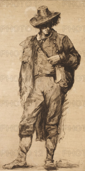 Young man with hat and shoulder bag, print, inscription: '2m etat', printmaker: Marie Danse (signed by artist), after design by André Hennebicq, 1887, paper, etching, intaglio printmaking technique, etching with plate tone, height 360 mm x width 196 mm, According to the inventory, it concerns an unknown Italian young man., youth, adolescent, head-gear, standing figure (front view), A full-length sketch of a standing figure wearing a wide-brimmed hat with a textured crown that partly shades the face, a loose jacket draped over the shoulders, a buttoned vest beneath, and a strap crossing the chest; the figure's hand rests near the strap and a pouch hangs at the hip, with worn, baggy trousers tucked into boots and visible folds and shading throughout the clothing, all rendered in dark, cross-hatched lines on a light, textured background.