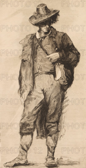 Young man with hat and shoulder bag, print, inscription: '1e etat', printmaker: Marie Danse (signed by artist), after design by André Hennebicq, 1887, paper, etching, intaglio printmaking technique, etching with plate tone, height 360 mm x width 196 mm, youth, adolescent, head-gear, standing figure (front view), A full-length sketch of a standing man wearing a wide-brimmed, slightly tattered hat with a textured brim, a loose jacket with rolled or frayed sleeves, and a vest beneath; one hand rests near his chest holding a strap that crosses his torso while the other hand hangs by his side. His head is tilted slightly downward so his facial features are partly in shadow, and his clothing appears worn with visible creases and patches. He wears knee-length trousers with folded hems, wrapped lower legs, and simple shoes, all rendered in dark, hatched lines on a light, textured background.