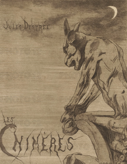 Gargoyle of Notre-Dame in Paris, Title page for: Jules Destrée, Les Chimères, 1889, print, title page, inscription: '3em Etat', printmaker: Marie Danse (signed by artist), printer (person): Joseph Bouwens, Brussels, printer (person), paper, etching, intaglio printmaking technique, etching with plate tone, height 315 mm, width 235 mm, Title page for: Destrée, Jules. Les Chimères. Brussels: J. Bouwens, 1889., piece of sculpture, reproduction of a piece of sculpture, ornament, hybrid animals, parts of church exterior and annexes, Paris, Notre-Dame (Paris), A sepia-toned etching shows a crouching humanoid creature with elongated limbs and pointed ears perched on a rocky ledge, its head bowed and facial features rendered with heavy line shading. The background is textured with horizontal lines and darker swirling strokes toward the upper right where a crescent shape appears against the sky. Jagged, root-like lettering appears across the upper left and lower left areas, and twisted, branchy ...