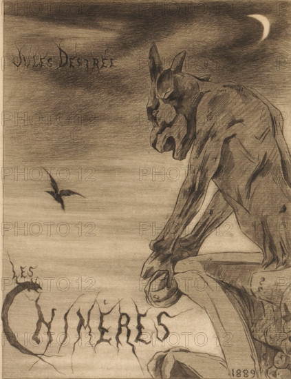 Gargoyle of Notre-Dame in Paris, Title page for: Jules Destrée, Les Chimères, 1889., print, title page, inscription: '2e état', printmaker: Marie Danse (signed by artist), printer (person): Joseph Bouwens, Brussels, 1889, printer (person), paper, etching, intaglio printmaking technique, etching with plate tone, height 315 mm x width 265 mm, Title page for: Destrée, Jules. Les Chimères. Brussels: J. Bouwens, piece of sculpture, reproduction of a piece of sculpture, ornament, hybrid animals, parts of church exterior and annexes, Paris, Notre-Dame (Paris), A pencil or ink drawing of a large crouching gargoyle-like creature perched on a rocky ledge, shown in profile with elongated ears, a pronounced snout, clawed hands and muscular limbs, rendered in fine cross-hatching and shading. A slender crescent moon appears in the upper corner against a textured sky filled with horizontal and swirling hatch marks. A small bat-like flying creature is visible in the middle area of the sky. Cracked gro...