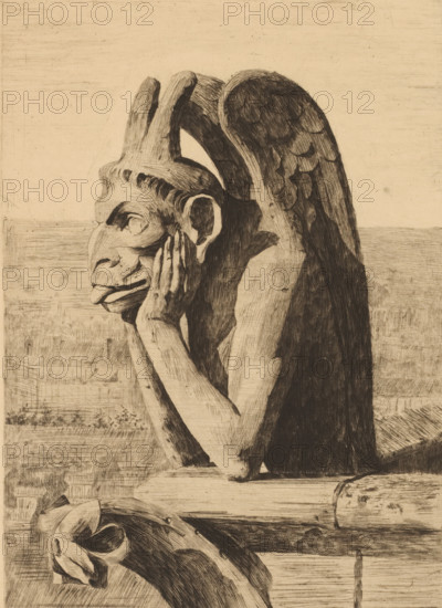 Gargoyle of Notre-Dame in Paris with wings and protruding tongue, print, inscription: '1e etat', printmaker: Marie Danse (signed by artist), 1888, paper, etching, intaglio printmaking technique, etching with plate tone, height 288 mm x width 200 mm, piece of sculpture, reproduction of a piece of sculpture, ornament, hybrid animals, parts of church exterior and annexes, Paris, Notre-Dame (Paris), A monochrome etching of a winged grotesque figure leaning on a stone ledge with its chin resting on a hand, showing an elongated face with a pronounced brow, hooked nose, and protruding tongue, one ear visible and deeply shadowed, curved horns rising from the forehead, textured feathered wings folded along the back, and a second carved animal head projecting from the corner of the ledge below, all rendered with dense crosshatching and fine linework against a lightly textured background.