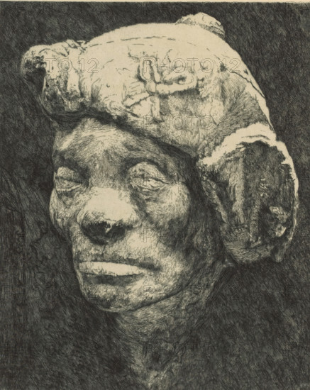 Head of a human, print, inscription: '3eme etat', printmaker: Marie Danse (signed by artist), 1889 - 1909, paper, etching, intaglio printmaking technique, etching with plate tone, height 280 mm x width 200 mm, Print was probably made after a fifteenth-century sculpture., head (human), A close-up etched portrait of an elderly person with closed eyes and a worn, textured face, showing deep lines and rough shading; the head is topped with a large, irregularly shaped cap or head covering with heavy cross-hatched detailing; prominent ears and a pronounced nose are visible, and the mouth is slightly downturned; the background is dark and densely hatched, contrasting with the lighter tones of the face and head covering.