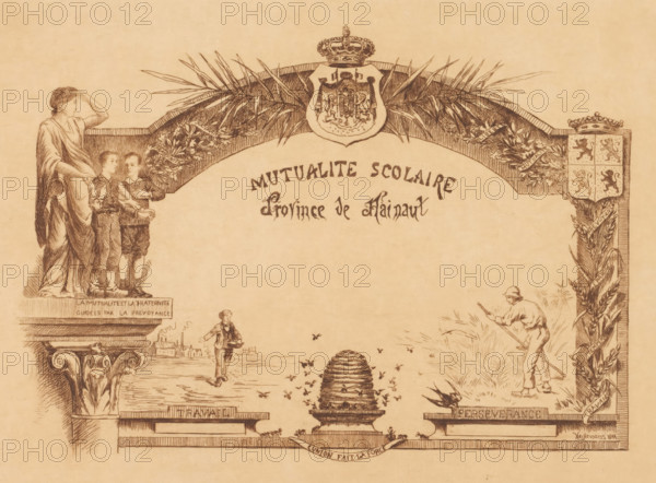 Diploma for the Mutualité scolaire, Hainaut, print, diploma, mark: 'Heijlemans', inscription: '2m etat, 1897, Deux epreuves', printmaker: Marie Danse (signed by artist), after design by unknown, paper, etching, intaglio printmaking technique, etching with plate tone, height 250 mm x width 356 mm, sowing, bee-hive, A sepia-toned illustrated scene framed by ornate columns and leafy garlands shows a standing female figure draped in flowing robes beside two boys, a coat of arms with a crown at the top center, and decorative foliage arching across the upper portion. Below the arch a small boy walks toward the foreground carrying a bowl while a cluster of flying insects surrounds a large beehive placed on a pedestal at the center. To the right a man wearing a brimmed hat holds a long tool and stands among tall grasses, while carved architectural details and wreaths decorate the vertical and horizontal borders. The drawing style is detailed with fine pen-and-ink shading and crosshatching thro...