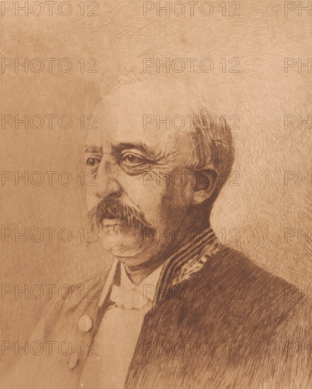 Portrait of Jules Audent, mayor of Charleroi, three-quarters to the left, print, annotation: '1er etat, deux epreuves', printmaker: Auguste Danse (signed by artist), 1897, paper, etching, drypoint, intaglio printmaking technique, height 308 mm x width 238 mm, Person, Jules Audent, historical person, - historical person, depicted alone, A sepia-toned portrait sketch of an older man shown in three-quarter view from the shoulders up, with a receding hairline, a mustache, and a beard, wearing a formal coat with a decorative collar and a bow at the neck; the drawing features fine, directional pencil or ink strokes creating textured shading across the face, hair, clothing, and background.