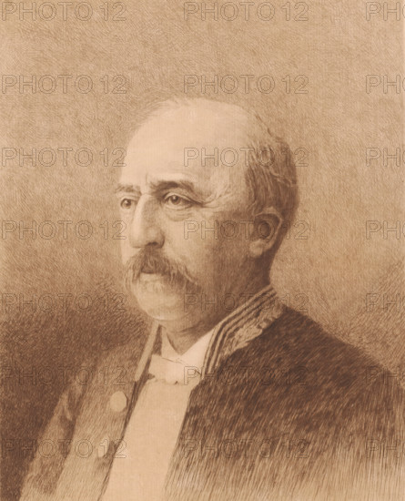 Portrait of Jules Audent, mayor of Charleroi, three-quarters to the left, print, annotation: '2eme etat, deux epreuves', printmaker: Auguste Danse (signed by artist), 1897, paper, etching, drypoint, intaglio printmaking technique, height 308 mm x width 238 mm, Person, Jules Audent, historical person, - historical person, depicted alone, A sepia-toned pencil-style portrait showing the right three-quarter view of an older man from the chest up, with a balding head, a mustache, and a short beard; he wears a formal coat with visible buttons, a high-collared shirt, and a bow at the neck, and the background is textured with closely hatched lines.