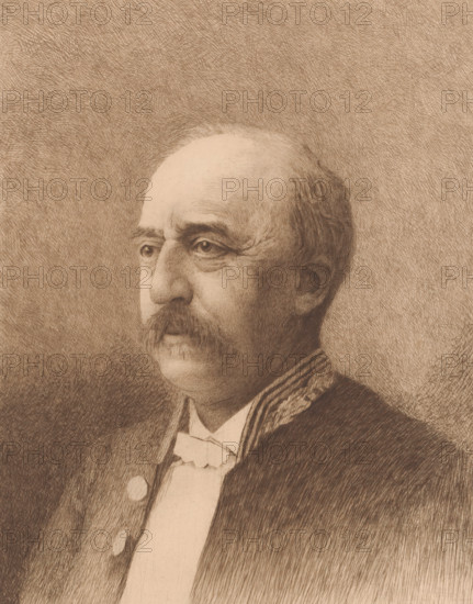 Portrait of Jules Audent, mayor of Charleroi, three-quarters to the left, print, annotation: '3eme etat unique, les epreuves terminées - tiré a six exemplaires', printmaker: Auguste Danse (signed by artist), 1897, paper, etching, drypoint, intaglio printmaking technique, height 308 mm x width 238 mm, Person, Jules Audent, historical person, - historical person, depicted alone, A sepia-toned portrait of a middle-aged man shown from the chest up, facing slightly to the viewer's left, with a receding hairline, a mustache, and a short beard; he has pronounced facial lines around his eyes and nose, and his gaze is directed forward. He wears a formal jacket with decorative trim on the collar and a bow tie at the neck, and two round buttons are visible on the front of his garment. The background and the figure are rendered with fine, hatched pencil or ink strokes creating textured shading across the entire image.