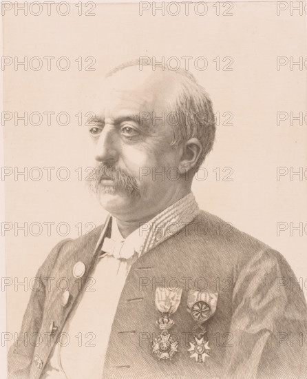 Les concitoyens, Portrait of Jules Audent, mayor of Charleroi, three-quarters to the left, print, annotation: '1er etat', printmaker: Auguste Danse (signed by artist), 1889, paper, chine collé, etching, engraving, height 321 mm x width 236 mm, Person, Jules Audent, historical person, - historical person, depicted alone, A sepia-toned portrait drawing of an older man shown from the chest up in three-quarter view, featuring a receding hairline, short hair, a prominent mustache, and visible facial lines; he wears a formal outfit with a high collar and decorative braided trim, a jacket with large round buttons, and several ornate medals and ribbons pinned to his chest, each medal having distinct shapes and suspended details; the background is plain and unadorned.