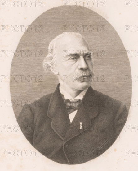 Portrait of an unknown man, possibly Boulez, print, annotation: '1er état', printmaker: Auguste Danse (signed by artist), 1882, paper, etching, height 272 mm x width 232 mm, anonymous historical person portrayed alone, A sepia-toned engraved portrait of an older man shown from the chest up inside an oval frame, with a receding hairline and wavy hair at the sides, a prominent mustache, a high forehead, and a contemplative expression as he looks off to the side; he wears a dark suit jacket over a vest and a high-collared shirt with a bow or cravat, and a small pin or decoration is visible on his jacket lapel, while the background within the oval is filled with closely spaced horizontal lines and the surrounding paper shows light age spots and discoloration.