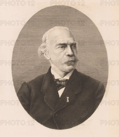 Portrait of an unknown man, possibly Boulez, print, annotation: '2nd state', printmaker: Auguste Danse (signed by artist), 1882, paper, etching, height 272 mm x width 232 mm, anonymous historical person portrayed alone, A sepia-toned engraved portrait of an older man shown from the chest up within an oval frame, featuring finely detailed facial hair with a full mustache and receding hairline with wavy hair at the sides, a high forehead, and a contemplative gaze directed slightly to the side; he wears a dark formal coat with a visible lapel and a bow tie or cravat at the collar, and the background inside the oval is filled with closely spaced horizontal lines while the outer margin is plain.