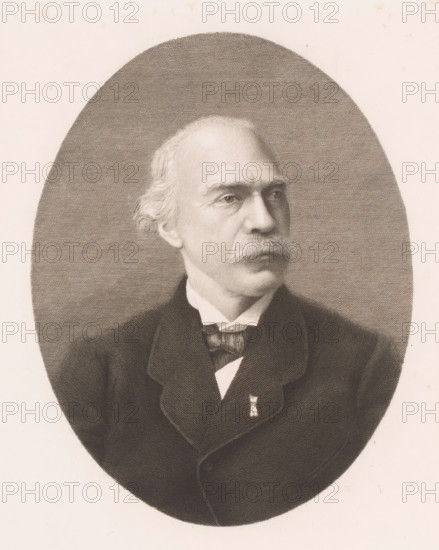 Portrait of an unknown man, possibly Boulez, print, annotation: '3rd State', printmaker: Auguste Danse (signed by artist), 1882, paper, etching, height 272 mm x width 232 mm, An oval-framed engraved portrait of an older man shown from the chest up, with a high forehead and receding hairline, short wavy hair at the sides, a full mustache, and a serious gaze directed slightly to the viewer's right; he is wearing a dark suit jacket with wide lapels, a high-collared shirt, and a visible cravat, and the background inside the oval is filled with closely spaced horizontal engraving lines while the outer margin is pale.