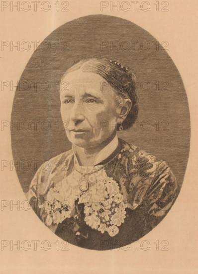 Portrait of an unknown woman, possibly Mrs. Boulez, print, watermark: 'French lily in a coat of arms above monogram VGZ', annotation: '2nd state', printmaker: Auguste Danse (signed by artist), 1882, paper, etching, height 317 mm x width 238 mm, An oval portrait of an older woman shown from the shoulders up, rendered in a sepia-toned engraving style, with her hair pulled back and adorned with small decorative elements, a high-collared dress with a patterned fabric and a lace or floral bib, a pendant at her throat, and a neutral expression on her face against a textured oval background.