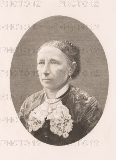 Portrait of an unknown woman, possibly Mrs. Boulez, print, annotation: '3rd state', printmaker: Auguste Danse (signed by artist), 1882, paper, etching, height 317 mm x width 238 mm, A monochrome engraved portrait of a middle-aged woman shown from the chest up within an oval frame, with her hair parted in the middle and pulled back, small decorative beads or pins visible on the side of her hair, a calm neutral expression, slightly downturned lips, and direct gaze; she wears a high-collared blouse with a lace front and a pendant brooch at the throat, a patterned outer garment over the shoulders, and a single hanging earring visible on one ear, all rendered with fine crosshatching and stippling against a textured oval background and a plain lighter surrounding page.