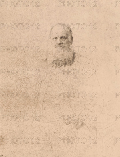 Self-portrait, print, annotation: '1er état, deux epreuves de cet etat', printmaker: Auguste Danse (signed by artist), 1897, paper, etching, height 260 mm x width 200 mm, Person, portrait, self-portrait of artist, A faded sepia-toned sketch of an elderly man with a long, full beard and receding hairline seated and facing forward, his facial features rendered with fine pencil lines, wearing a jacket and vest with a loosely tied neckscarf, the paper shows mottled foxing and age spots across the background and figure, with the man's hand resting on his knee and faint, delicate linework indicating folds in his clothing and the outline of a chair.