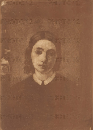 Portrait of Adèle Meunier-Danse, wife of the artist, Portrait de ma femme, print, annotation: '1er état, tiré a deux exemplaires', printmaker: Auguste Danse (signed by artist), 1896, paper, etching, aquatint, height 279 mm x width 199 mm, Person, Adèle Adrienne Meunier-Danse, historical person (with NAME) - BB - woman - historical person (with NAME) depicted alone, A monochromatic portrait of a young person with a somber expression, showing a pale face framed by dark, straight hair parted in the middle and pulled back, visible shoulders wearing a dark garment with a light-colored rounded collar, set against a textured background with visible directional shading marks and a partial ornamental shape at the left edge.