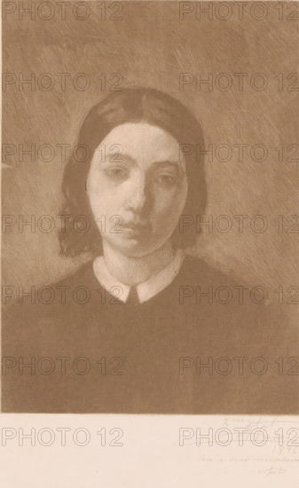 Portrait of Adèle Meunier-Danse, wife of the artist, Portrait de ma femme, print, watermark: 'MBM', annotation: '2me état, tiré à deux exemplaires', printmaker: Auguste Danse (signed by artist), 1896, paper, etching, aquatint, height 279 mm x width 199 mm, Person, Adèle Adrienne Meunier-Danse, historical person (with NAME) - BB - woman - historical person (with NAME) depicted alone, A sepia-toned portrait of a young person with dark, chin-length hair parted in the middle, a pale oval face with soft shading, downcast eyes and a neutral mouth, wearing a dark garment with a light, rounded collar, set against a textured darker background and bordered below by a lighter blank area.
