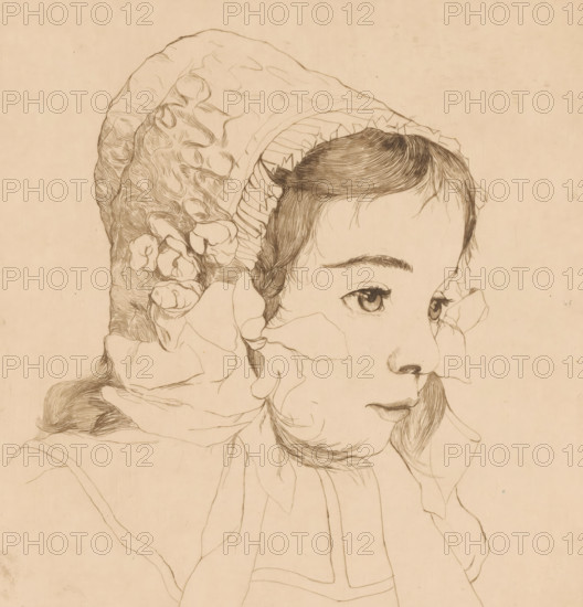 Portrait of an unknown girl, print, printmaker: Frederik Salberg (signed by artist), 1907, paper, etching, height 237 mm x width 225 mm, anonymous historical person depicted - BB - woman, A delicate pen drawing of a young person in profile wearing a textured bonnet with ruffled edges and floral-like shapes, showing finely detailed hair strands, an eyebrow, an eye with long lashes, a nose, and softly shaded lips, all on a plain light beige background.