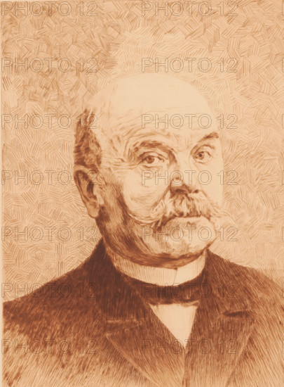 Portrait of Victor Gillieaux, to the right, Gilliaeaux maitre de forges, print, annotation: '1er état, très rare', printmaker: Auguste Danse (signed by artist), 1894, paper, etching, drypoint, height 308 mm x width 238 mm, Person, Victor Gillieaux, historical person, - historical person, depicted alone, A sepia-toned etched portrait of an older man shown from the shoulders up, featuring a bald head with sparse hair at the sides, bushy eyebrows, deep-set eyes, pronounced cheek lines, a thick mustache, and a cleft chin, dressed in a dark suit jacket and a high-collared shirt with a bow-like neckpiece, set against a textured background of short parallel hatch marks forming geometric patterns.