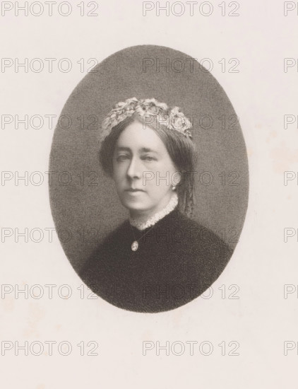 Portrait of an unknown lady, Mrs. Hardenpont, print, printmaker: Auguste Danse, 1884, paper, chine collé, etching, height 266 mm x width 195 mm, An annotation on the sheet suggests that the person depicted is Mrs. Hardenpont., anonymous historical person portrayed alone - BB - woman, A black and white oval portrait of a woman shown from the shoulders up against a textured dark background, wearing a dark high-collared dress with a ruffled lace collar and a small pendant at the throat, hair parted in the center and pulled back with a floral wreath on top, a single earring visible on one ear, neutral facial expression, and a plain light paper border surrounding the oval.