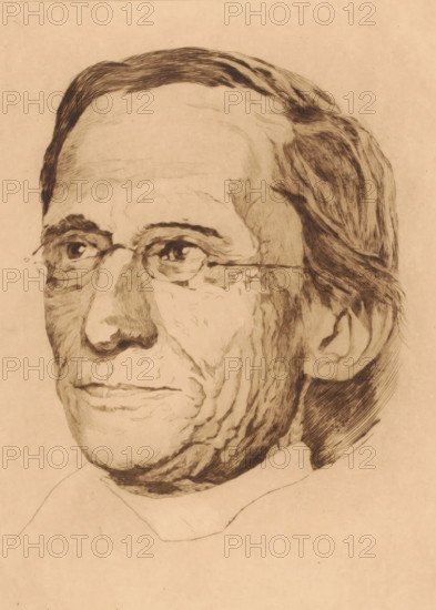 Portrait of Charles de Harlez, Monseigneur De Harlez, print, annotation: '1er etat, il n'a été tiré que 3 epreuves du 1er etat', printmaker: Auguste Danse (signed by artist), 1897, Auguste Danse, printmaker, paper, Japanese paper (handmade paper), etching, drypoint, height 366 mm x width 271 mm, Person, Charles De Harlez, historical person, - historical person, depicted alone, A sepia-toned pencil or ink portrait of an older man shown from the forehead down to the collar, featuring detailed line work that defines his receding hairline, combed hair, and thin glasses; his eyes look forward beneath furrowed brows, and his face shows pronounced wrinkles and textured shading around the cheeks, nose, mouth, and jaw, with an ear visible at the side and a simple collar suggested at the base.