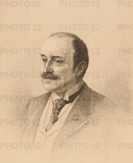 Portrait of an unknown man, Monsieur Laporte, print, annotation: '2me état 2 epreuves', printmaker: Auguste Danse (signed by artist), 1894, paper, Japanese paper (handmade paper), etching, height 397 mm x width 299 mm, anonymous historical person portrayed alone, A detailed monochrome portrait drawing of a middle-aged man shown from the chest up, facing slightly left, with a receding hairline, neatly combed dark hair, a moustache, and a thoughtful facial expression; he wears a suit jacket over a waistcoat and shirt, with a patterned tie tucked into the waistcoat and a small circular pin on his lapel; the background and shading are filled with finely hatched lines creating texture and depth.