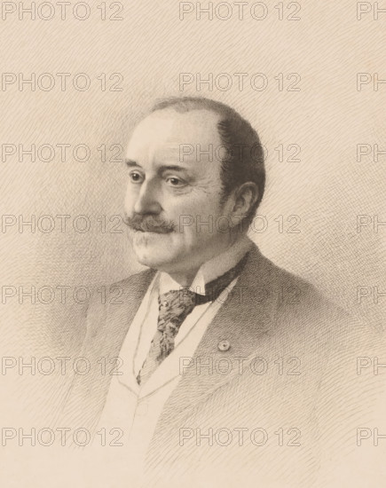 Monsieur Laporte, Portrait of an unknown man, print, annotation: '3me état', printmaker: Auguste Danse (signed by artist), 1894, paper, etching, height 397 mm x width 299 mm, anonymous historical person alone depicted, A detailed pencil portrait of a middle-aged man shown from the chest up, facing slightly to the viewer's left, with a receding hairline, neatly combed dark hair, and a trimmed mustache; he wears a suit jacket over a vest and shirt with a patterned necktie, and a small circular pin on his jacket lapel; the background is filled with fine, radiating pencil strokes.