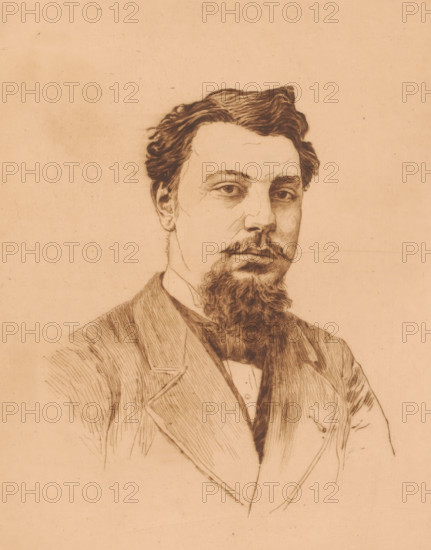 Portrait of the eldest son of Victor-Charles Mahillon, print, watermark: 'Van Gelder Zonen', annotation: '1er état, deux epreuves de cet etat', printmaker: Auguste Danse (signed by artist), 1897, paper, etching, drypoint, intaglio printmaking technique, height 248 mm x width 199 mm, historical person, - historical person, depicted alone, A sepia-toned drawn portrait of a man from the chest up, showing a head with wavy hair, a mustache, and a full beard, wearing a suit jacket with lapels and a visible shirt collar and bow, rendered with fine line work and shading on a plain background.
