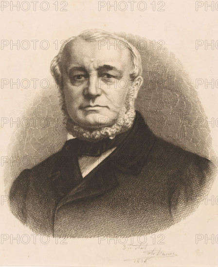 Portrait of BNJ Olin, print, annotation: '4 expl', annotation: '3me état', printmaker: Auguste Danse (signed by artist), 1875, paper, etching, drypoint, height 231 mm x width 186 mm, BNJ Olin is possibly the papermaker and bookbinder., Person, BNJ Olin, historical person, - historical person, depicted alone, A sepia-toned engraved portrait of an older man shown from the chest up, with a high forehead and neatly combed hair, prominent sideburns that form a curled beard along his jaw, a calm facial expression with slightly downturned mouth, detailed shading and crosshatching defining his facial features and clothing, and a dark coat with a visible collar and cravat against a textured hatched background.