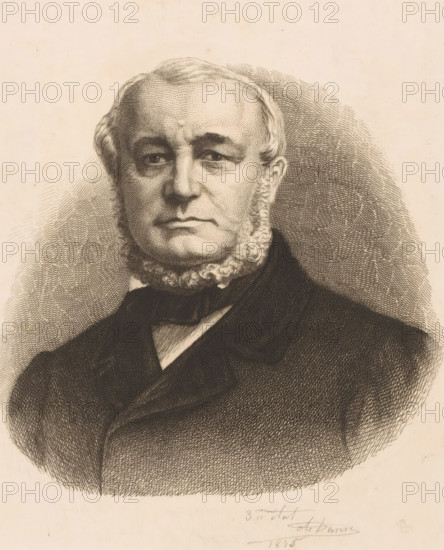 Portrait of an unknown man named Raymaekers, print, annotation: '3ème état', annotation: 'Raymaekers', printmaker: Auguste Danse, 1883, paper, etching, intaglio printmaking technique, height 159 mm x width 119 mm, anonymous historical person portrayed alone, A monochrome engraved portrait of an older man shown from the chest up, facing forward with a neutral expression; he has a rounded forehead, receding hairline, and neatly curled sideburns framing his lower cheeks and jaw. The man's eyes are slightly drooped and shaded, his eyebrows are full, and his mouth is closed with a subtle downturn at the corners. He wears a dark coat with wide lapels and a high collar, with a bow or cravat at his neck. The background consists of dense crosshatching that radiates outward from the figure, and the paper shows a warm, aged tone.