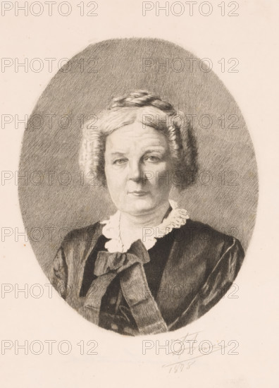 Portrait of an unknown lady, Mrs. Sainctelette, print, annotation: '1er état', watermark: 'French lily in coat of arms above monogram VGZ', annotation: 'Tirer á 2 exemplaires', printmaker: Auguste Danse (signed by artist), 1878, paper, etching, drypoint, height 330 mm x width 230 mm, The name Sainctelette is based on a pencil note in the margin of another state of this print., anonymous historical person depicted alone - BB - woman, A detailed monochrome engraved portrait of an older woman shown from the chest up within an oval frame, featuring light wavy hair styled close to the head with curled sides, a calm neutral facial expression, and softly shaded eyes and mouth. She wears a dark garment with a large bow at the front and a white ruffled collar peeking out, and the background inside the oval is filled with fine diagonal crosshatching while the outer border is plain.