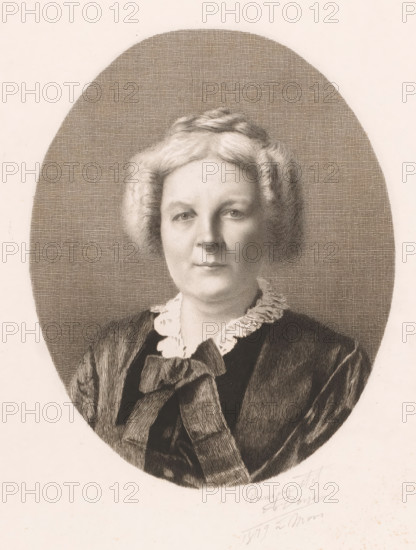 Portrait of an unknown lady, Mrs. Sainctelette, print, annotation: 'Dernier etat', printmaker: Auguste Danse (signed by artist), Mons (Belgium), 1879, paper, chine collé, etching, drypoint, height 301 mm x width 248 mm, The name Sainctelette is based on a pencil note in the lower margin of an earlier state of this print., anonymous historical person portrayed alone - BB - woman, A monochrome engraved portrait of a middle-aged person shown from the chest up inside an oval frame, with short wavy hair, a calm facial expression, a high-collared blouse with a ruffled trim, and a dark garment featuring a large bow at the neckline.