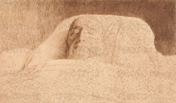 Portrait of an unknown man on his deathbed, possibly Van Volxem, print, annotation: '2nd floor', printmaker: Auguste Danse (signed by artist), 1897, paper, etching, intaglio printmaking technique, height 258 mm x width 359 mm, death in old age, A sepia-toned drawing showing a reclining figure covered by a speckled blanket or drapery, with a visible head turned to the side and long hair falling over the shoulder; the face is rendered with soft shading and closed eyes, the body lines beneath the covering are suggested by fine hatch marks and contours, and the background is filled with dense vertical strokes creating a textured contrast to the more sparsely dotted foreground.