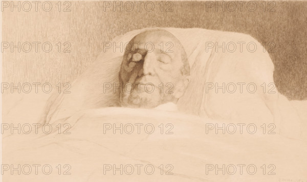 Portrait of an unknown man on his deathbed, possibly Van Volxem, print, annotation: '3eme etat, deux epreuves', printmaker: Auguste Danse (signed by artist), 1897, paper, etching, intaglio printmaking technique, height 258 mm x width 359 mm, death in old age, A sepia-toned drawing showing a head resting on a pillow with closed eyes and relaxed facial features, the face shaded with darker pencil strokes on one side, the pillow and surrounding fabric rendered with fine lines and soft shading, and a textured vertical-lined background behind the pillow.