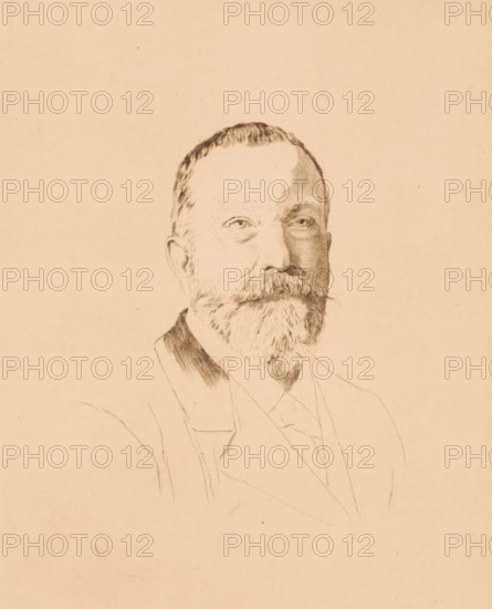 Portrait of an unknown man, possibly the Parisian engineer Wittman, print, annotation: '1er etat, deux exemplaires de cet etat', watermark: 'French lily in a coat of arms above monogram VGZ', printmaker: Auguste Danse (signed by artist), 1897, paper, etching, drypoint, height 278 mm x width 201 mm, anonymous historical person portrayed alone, A sepia-toned pencil sketch of an older man shown from the chest up, featuring a high forehead with short hair, detailed eyes, a full mustache and long beard, one ear visible, and partial outlines of a suit jacket and collar.