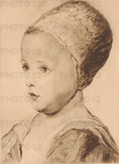 Portrait of James II of England as a child, print, watermark: 'Van Gelder Zonen', annotation: '1er état, three epreuves', printmaker: Auguste Danse (signed by artist), after painting by Anthony van Dyck, 1894, paper, etching, drypoint, height 360 mm x width 268 mm, Person, James II (king of England), historical person, - historical person, depicted alone, A sepia-toned pencil drawing of a young child in profile facing left, showing a rounded face with large eyes, a small nose, and full lips, wearing a textured cap that covers the top and back of the head and a simple draped garment over the shoulders, with fine cross-hatching and shading used throughout the hair, cap, facial features, neck, and clothing against a plain background.