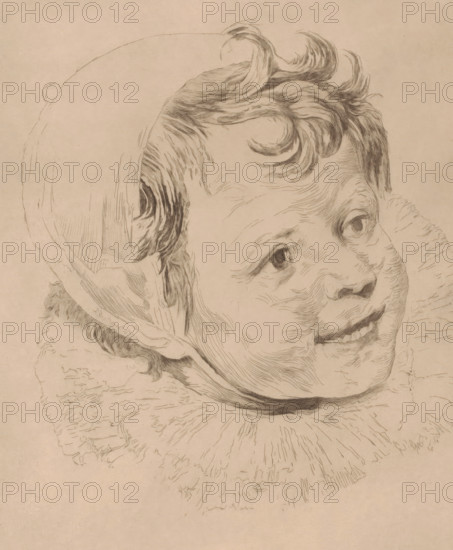 Portrait of Johannes-Baptist de Vos, print, annotation: '1er etat, trois exemplaires', printmaker: Auguste Danse (signed by artist), after painting by Cornelis de Vos, 1891, paper, etching, intaglio printmaking technique, height 357 mm x width 266 mm, Fragment of the 'Portrait of the artist and his family' by Cornelis de Vos, in the Royal Museum of Fine Arts in Brussels., Person, Johannes-Baptist Vos, boy (child between toddler and youth), A close-up pencil sketch of a child's face wearing a rounded cap and a ruffled collar, with detailed, wavy hair peeking from under the cap and curling above the forehead, expressive eyes looking slightly upward, a small nose, and a smiling mouth showing teeth, all rendered with fine, textured linework on a light, slightly mottled background.