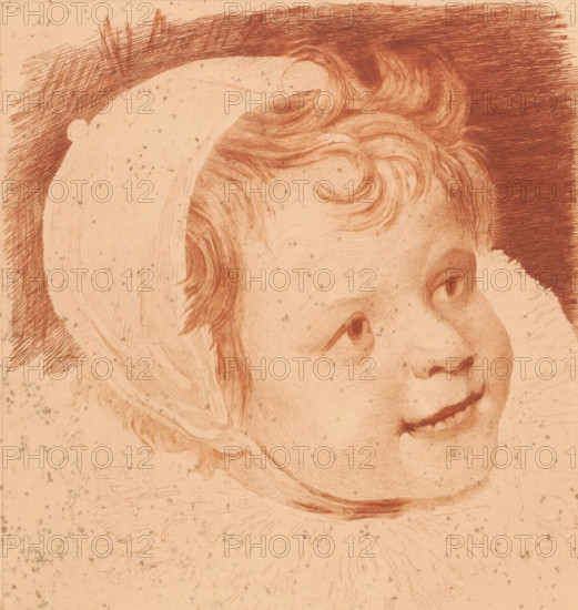 Portrait of Johannes-Baptist de Vos, print, annotation: '2 etat, deux epreuves', printmaker: Auguste Danse (signed by artist), after painting by Cornelis de Vos, 1891, paper, etching, drypoint, etching and drypoint, printed in brown, height 357 mm x width 266 mm, Fragment of the 'Portrait of the artist and his family' by Cornelis de Vos, in the Royal Museum of Fine Arts in Brussels., Person, Johannes-Baptist Vos, boy (child between toddler and youth), A close-up ink drawing of a smiling child's face shown in three-quarter view, rendered in reddish-brown lines on a light tan background with scattered small speckles; the child wears a rounded cap and a ruffled collar, with short wavy hair curling at the forehead and temple, delicate line shading marking the cheek, eye sockets, and nose, and a visible eye looking upward and a slightly open mouth revealing teeth.