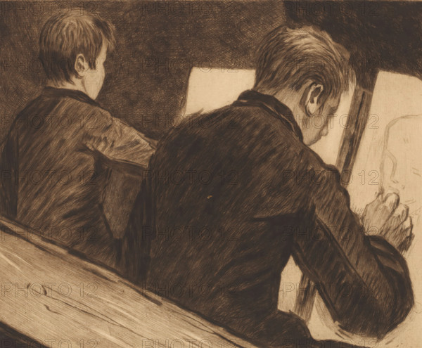 Two students in the drawing school, print, annotation: 'd'après nature 2me etat, tirer a trois épreuves de c'est etat', printmaker: Auguste Danse (signed by artist), 1895, paper, etching, drypoint, intaglio printmaking technique, height 210 mm x width 298 mm, drawing lesson, Two people seen from behind sit close together, both with short hair and wearing dark jackets, one on the left with a slightly turned head and the other on the right leaning forward over a drawing surface; the right figure holds a pencil or drawing tool and faces a sketch of a head on a pad or easel, with a wooden bench or plank visible in the foreground and dense crosshatched shading filling the background.