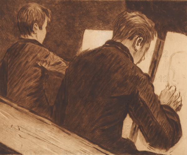 Two pupils in the drawing school, print, annotation: 'épreuve unique 1er etat d'apres nature', printmaker: Auguste Danse (signed by artist), 1895, Auguste Danse, printmaker, paper, etching, drypoint, intaglio printmaking technique, etching and drypoint with plate tone, printed with brown ink, height 210 mm x width 298 mm, drawing-lesson, A sepia-toned drawing of two seated figures shown from behind and in profile, both with short hair and wearing dark jackets, one figure is closer to the viewer leaning forward with head bowed and hands held near a sheet or sketchpad while the other sits slightly turned away, a light rectangular surface positioned between them, and textured crosshatched shading filling the background and garments.