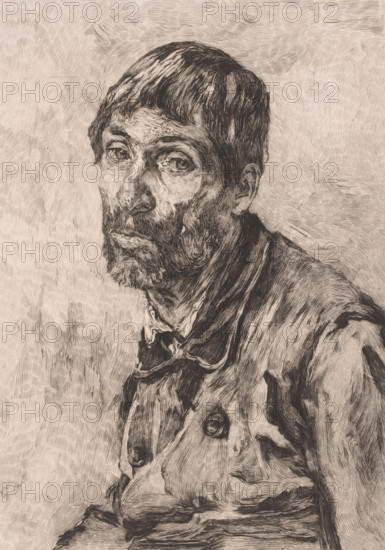 Beggar, print, annotation: '1er etat', printmaker: Auguste Danse (signed by artist), after design by Emile Charles Wauters, 1884, paper, etching, intaglio printmaking technique, height 320 mm x width 234 mm, A monochrome ink-style portrait of a man shown from the chest up, facing slightly to the viewer's left, with short hair and a full beard rendered in dense, directional lines; his eyes have a focused, somewhat weary expression, his nose is prominent, and his lips are closed; he wears a collared shirt and a buttoned coat with visible large buttons and textured folds; the background is filled with fine, hatched lines creating a textured, neutral field around the figure.