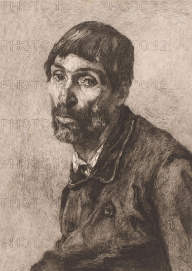 Beggar, print, annotation: '2me etat', printmaker: Auguste Danse (signed by artist), after design by Emile Charles Wauters, 1884, paper, etching, intaglio printmaking technique, height 320 mm x width 234 mm, A monochrome etched portrait of a man shown from the chest up, turned slightly to one side with his head tilted toward the viewer, featuring short dark hair and a beard rendered in dense, fine lines; his eyes look outward with detailed shading around the eyelids and cheekbones, and his nose and lips are textured with crosshatched strokes; he wears a collared garment with visible buttons and layered fabric folds, all depicted with intricate parallel and curving lines, set against a textured background of short, directional hatch marks.