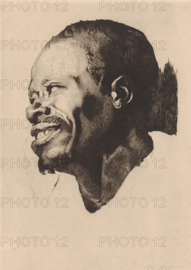 Portrait of an unknown man, Head of a black man (former title), print, annotation: '1er etat, Très rare, Deux epreuves', printmaker: Auguste Danse (signed by artist), after design by Anthony van Dyck, 1890, paper, etching, drypoint, intaglio printmaking technique, height 353 mm x width 261 mm, Africans, persons of African origin, A detailed monochrome drawing of a man's head in profile facing left, showing short textured hair, a prominent ear, and defined facial features with a closed-lip smile revealing part of the teeth; shading emphasizes the forehead, cheekbones, jawline, neck, and stubble on the chin and upper lip, set against a plain light background with darker shaded area behind the back of the head.