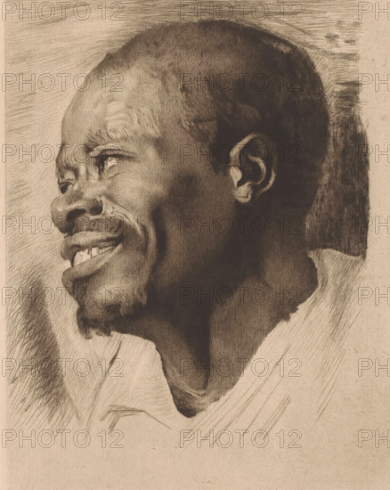 Portrait of an unknown man, Head of a black man (former title), print, annotation: '3rd state', printmaker: Auguste Danse (signed by artist), designer: Anthony van Dyck, 1890, paper, etching, drypoint, intaglio printmaking technique, height 353 mm x width 261 mm, Africans, persons of African origin, A close-up sepia-toned drawing of a man's head in profile turned slightly upward, showing textured short hair, a visible ear, pronounced cheekbones, a broad nose, parted lips with visible teeth, a small mustache and goatee, deep facial contours and wrinkles, and a garment draped around the neck and shoulder, rendered with crosshatched shading and pencil-like strokes on a plain paper background.