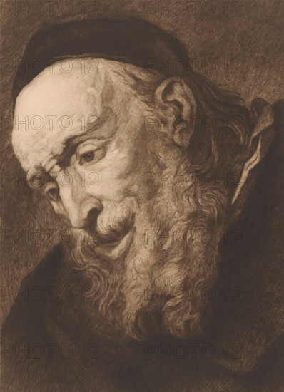 Head of a bearded old man looking down, print, annotation: '3eme etat, trois epreuves', printmaker: Auguste Danse (signed by artist), after design by Jacques Jordaens, 1897, paper, etching, drypoint, intaglio printmaking technique, height 364 mm x width 270 mm, old man, A close-up monochromatic drawing of an elderly man shown in three-quarter profile, his head tilted downward and to the side, featuring a high forehead with thinning hair, a deeply lined face, a pronounced nose, and a contemplative eye; he has a long, curly beard that flows down his chest and textured wavy hair at the back of his head, and he wears a dark cap and a dark garment visible at the shoulder against a hatched shaded background.