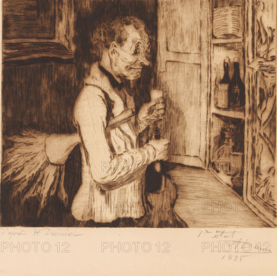 Butler with a feather duster by the drinks cabinet, print, annotation: '1er état, deux epreuves de c'est état', printmaker: Auguste Danse (signed by artist), after design by Honoré Daumier, 1895, Auguste Danse, Honoré Daumier, printmaker, after design by, paper, etching, drypoint, intaglio printmaking technique, etching and drypoint with plate tone, printed in brown, height 258 mm x width 277 mm, alcoholic drinks, taste, tasting (one of the five senses), butler, A sepia-toned etching shows an older person in profile standing inside a room, wearing a long-sleeved garment with visible folds and a dark collar, holding a small object near their face with one hand and a bottle-like object in the other; the face has pronounced lines and a furrowed expression, and short hair. To the right, a cabinet door with vertical wood grain is open, revealing shelves with tall bottle shapes and stacked items. Behind the figure, a dark textured background and a bed or cushioned surface are visible, and to...