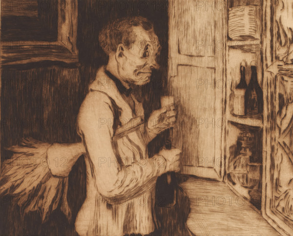 Butler with a feather duster by the drinks cabinet, print, annotation: '2me etat, deux epreuves de c'est etat', printmaker: Auguste Danse (signed by artist), after design by Honoré Daumier, 1895, Auguste Danse, Honoré Daumier, printmaker, after design by, paper, etching, drypoint, intaglio printmaking technique, etching and drypoint with plate tone, printed in brown, height 258 mm x width 277 mm, alcoholic drinks, taste, tasting (one of the five senses), butler, A sepia-toned sketch shows a thin person in profile reaching toward a cabinet door, with exaggerated facial features and a furrowed brow, wearing a robe with loose sleeves and holding a small cylindrical object in one hand while the other hand rests near the cabinet; the background includes dark vertical shading, a framed rectangular shape on the wall, shelves inside the cabinet containing two tall bottle-like shapes and stacked flat objects, and textured woodgrain lines and crosshatching throughout the scene.