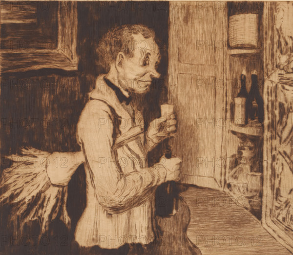 Butler with a feather duster by the drinks cabinet, print, annotation: '3m etat, deux epreuves', printmaker: Auguste Danse (signed by artist), after design by Honoré Daumier, 1896, paper, Japanese paper (handmade paper), etching, drypoint, intaglio printmaking technique, etching and drypoint with plate tone, printed in brown, height 258 mm x width 277 mm, alcoholic drinks, taste, tasting (one of the five senses), butler, A sepia-toned etched scene shows a thin elderly man in profile facing right, with a pronounced nose and wrinkled face, wearing a jacket and a bow at his neck, holding a small glass in one hand and a bottle in the other, standing near a wooden doorway or panel; shelves with bottles and a rolled object are visible to the right, and textured dark and light woodgrain fills the background and floor, with a hint of fabric or drapery behind the man on the left.