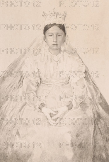 Sitting young woman in bridal dress, print, annotation: '3 epreuves, 2eme état', printmaker: Auguste Danse (signed by artist), 1879-09-15, paper, etching, intaglio printmaking technique, height 317 mm x width 228 mm, bride (in wedding-dress), A pencil drawing of a seated young person wearing a light dress with puffed sleeves and a high neckline, a veil draped over the head and shoulders, and a floral headpiece; the figure's hands rest together in the lap, and the face is shown with a neutral expression and dark hair parted in the middle, rendered in soft shading against a plain background.