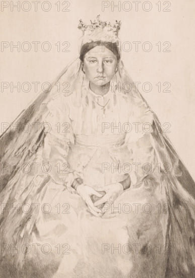 Sitting young woman in bridal attire, print, annotation: '1er état, 3 epreuves', printmaker: Auguste Danse (signed by artist), 1879, paper, etching, intaglio printmaking technique, height 317 mm x width 228 mm, dressing the bride, A pencil drawing of a seated young woman wearing a detailed dress with puffed sleeves and a high neckline, a long veil draped over her shoulders and falling to either side, and a floral crown atop her dark hair; her hands are folded in her lap and she wears gloves and a small pendant at her throat, while her face shows a neutral expression with shaded features and the background is plain.