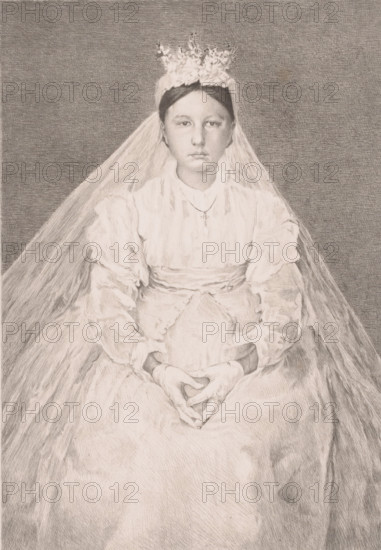 Sitting young woman in bridal attire, print, annotation: '3rd stage', printmaker: Auguste Danse (signed by artist), 1879, paper, chine collé, etching, intaglio printmaking technique, height 317 mm x width 228 mm, dressing the bride, A monochrome drawing of a seated young woman wearing a long light dress with puffed sleeves and a veil that drapes down behind her, a floral headpiece perched on top of her head, a small pendant on a thin chain at her neckline, her hands resting in her lap with fingers interlaced, a calm neutral facial expression, dark hair parted at the center and tucked behind her ears, and a textured background behind her.